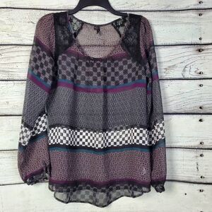 Maurices Women’s Boho Sheer Blouse Size M Long Sleeve Lace Yoke Mixed Print Peas